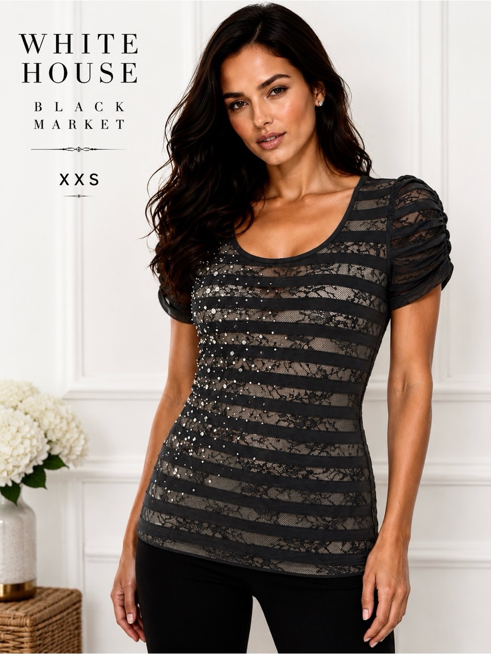 White House Black Market Black Lace Rhinestone Embellished Top XXS